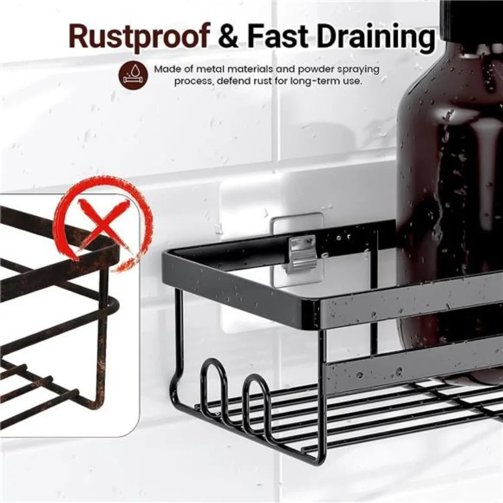 Adhesive Shower Caddy Shelf, 2 Pack - No Drilling Stainless, Black Shelves